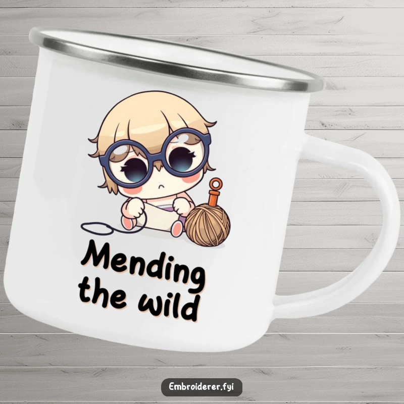 Funny crafter camping mug with a cute character in glasses, intensely focused on needle and thread, for outdoor use.