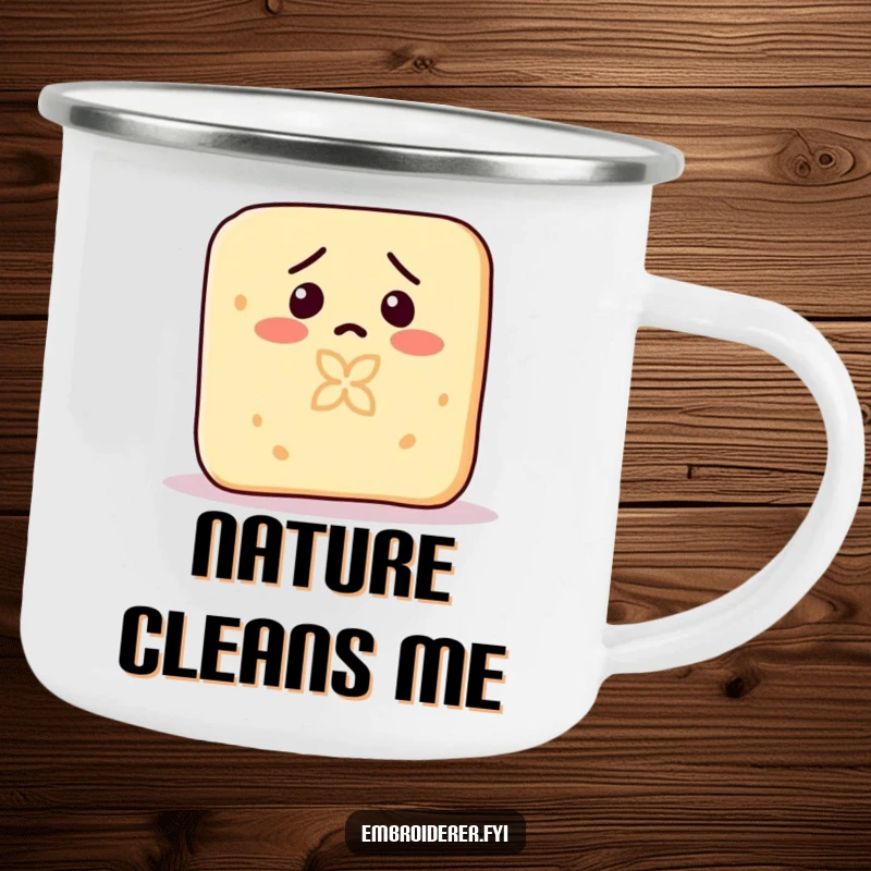 Funny camping mug showing a confused bar of soap accidentally carving a tiny pattern into its own surface.