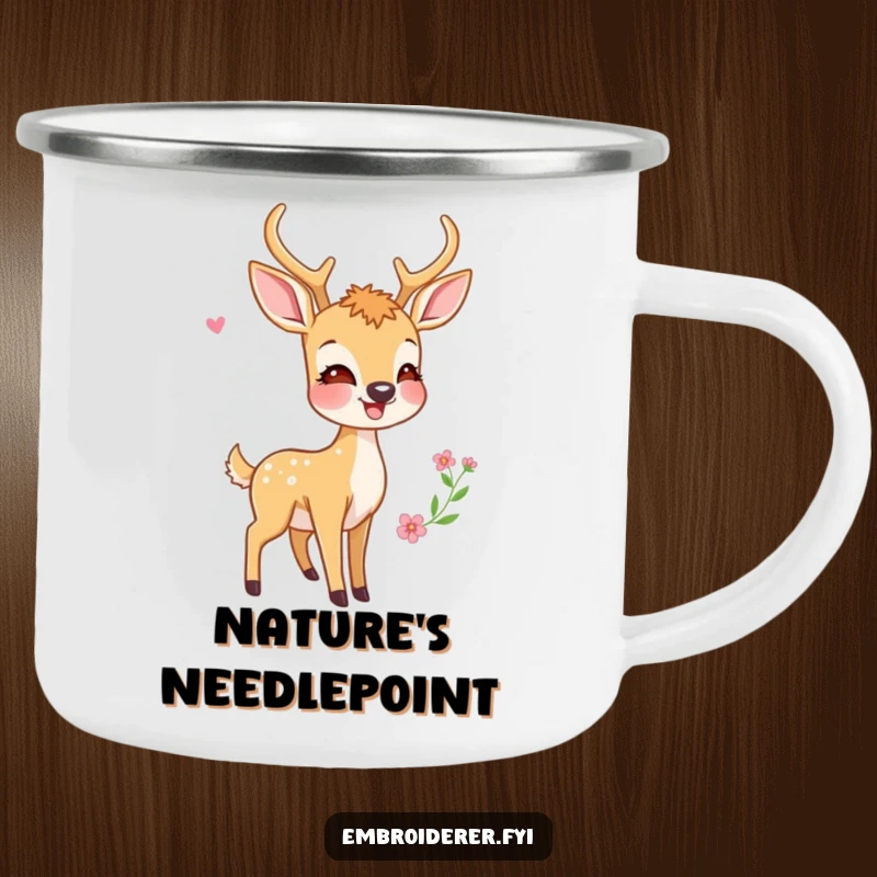 Funny camping mug with a happy deer gazing appreciatively at a finished embroidery design, perfect for outdoor crafters.
