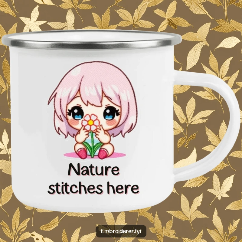 Funny camping mug with a character intently embroidering a tiny flower, symbolizing focused artistry in the outdoors.