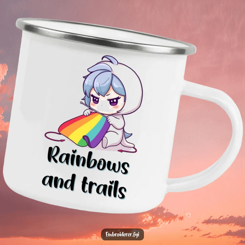 Funny Camping Mug: Character sewing a vibrant rainbow, perfect for creative adventurers.
