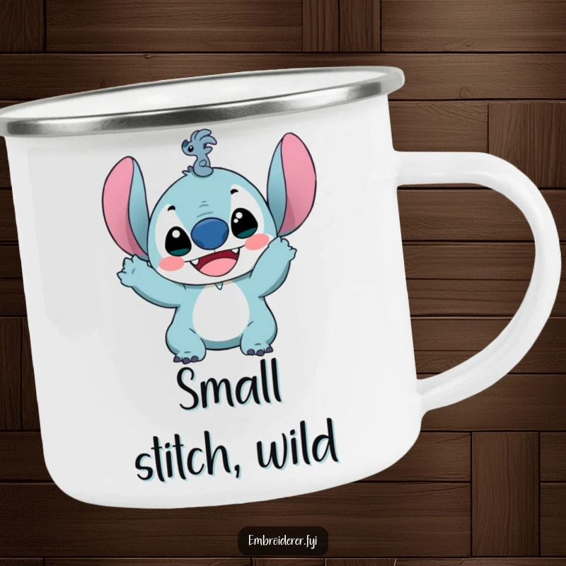Funny camping mug featuring a delighted character holding up a ridiculously small stitch, perfect for crafters enjoying beverages outdoors.