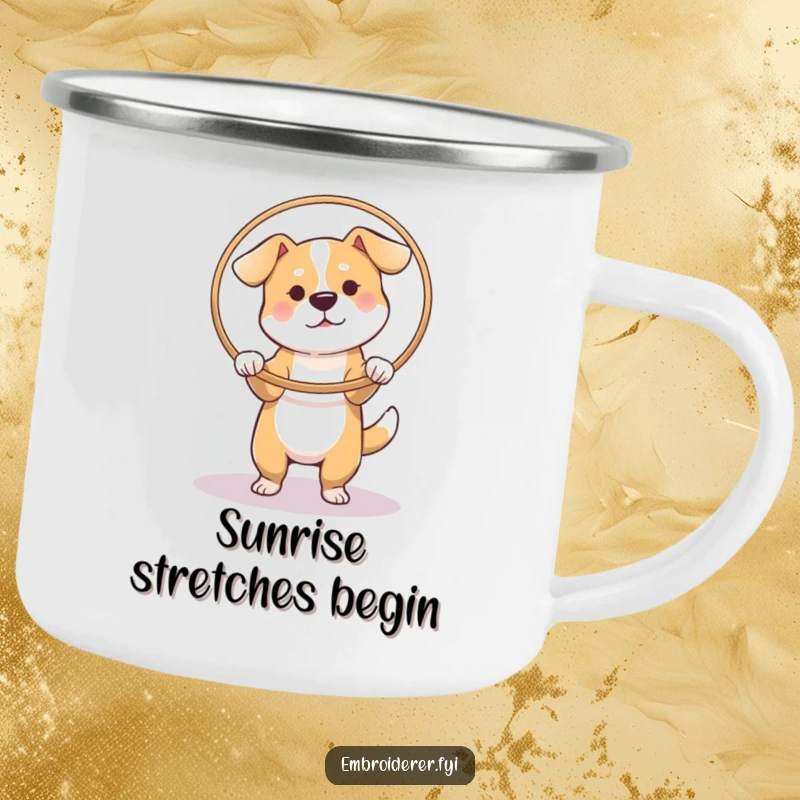 Funny Dog Hoop Camping Mug, a dog stretching fabric in a hoop, enamel mug with humorous craft theme.