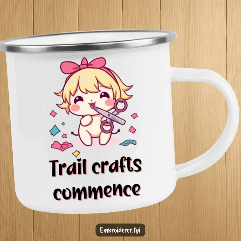 Funny sewing camping mug showing a character with scissors in its mouth, playfully snipping colorful fabric scraps, for outdoor crafting.