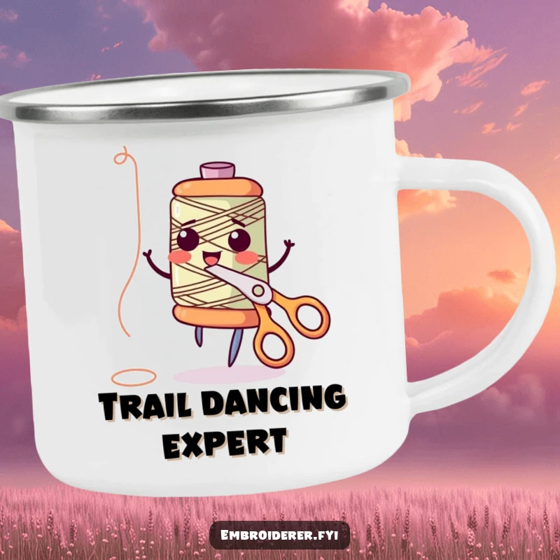 Funny anthropomorphic thread spool giggling and dancing with scissors on a sturdy camping mug, blending outdoor ruggedness with sewing-themed fun, perfect for funny camping mug users.