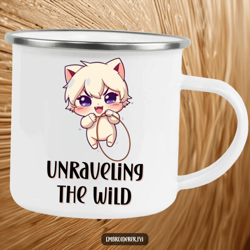 Funny Camping Mug: Mischievous character playfully pulling a loose thread from fabric, ideal for enjoying hot drinks with a humorous twist outdoors.