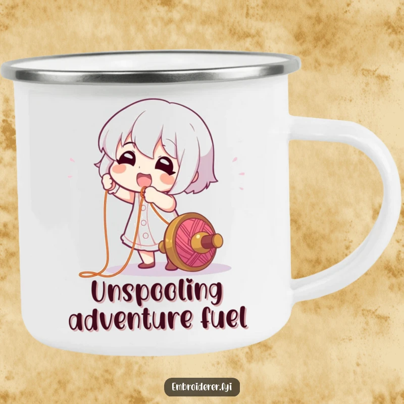 Funny Camping Mug: A character gleefully pulling a long, colorful thread from a spool, perfect for outdoor crafting sessions.