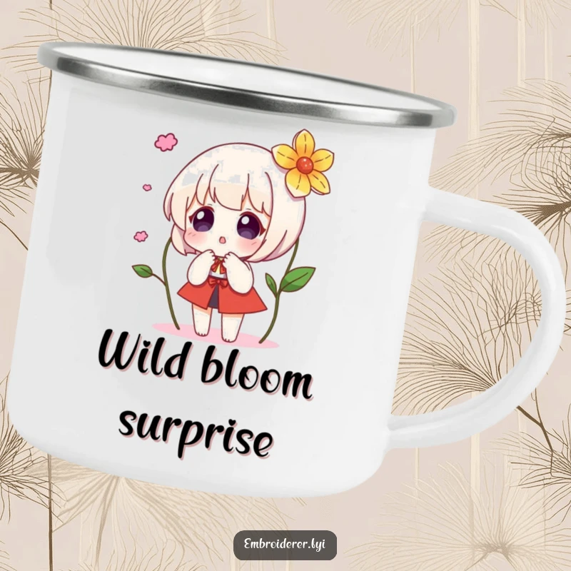 Funny camping mug showing a character’s amazed reaction to a magically appearing embroidered flower, adding whimsical charm to outdoor drinks.