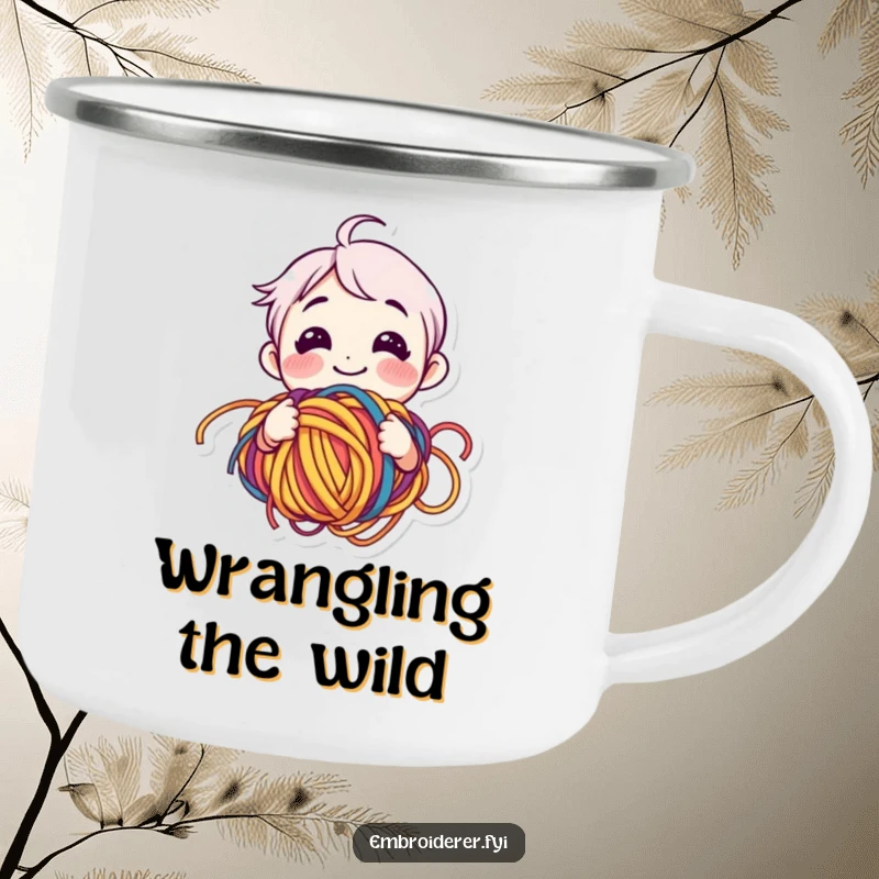 Funny yarn lover camping mug with a smiling character happily bewildered by tangled colorful yarn, for outdoor enjoyment.