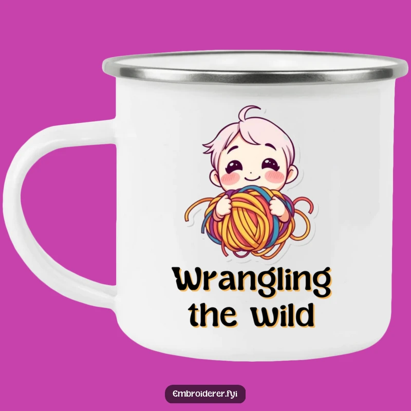 Funny Yarn Lover Camping Mug - Tangled Happiness Character, Outdoor Knitting Gift