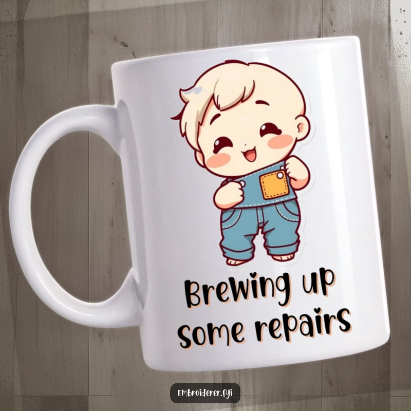 Funny cheerful character happily sewing a patch onto overalls, looking content on a mug.