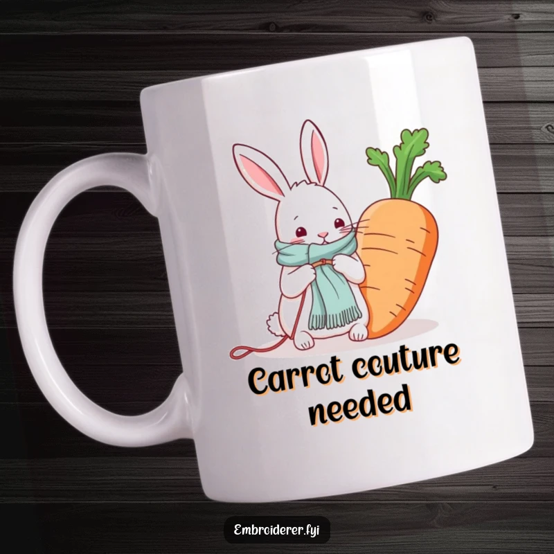 Funny mug showing a determined rabbit knitting a long scarf for an enormous carrot, highlighting quirky crafting.