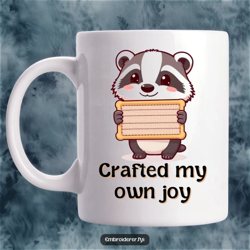 Funny Badger Mug, a contented badger proudly holding a stitched item, cute and humorous gift for crafters.