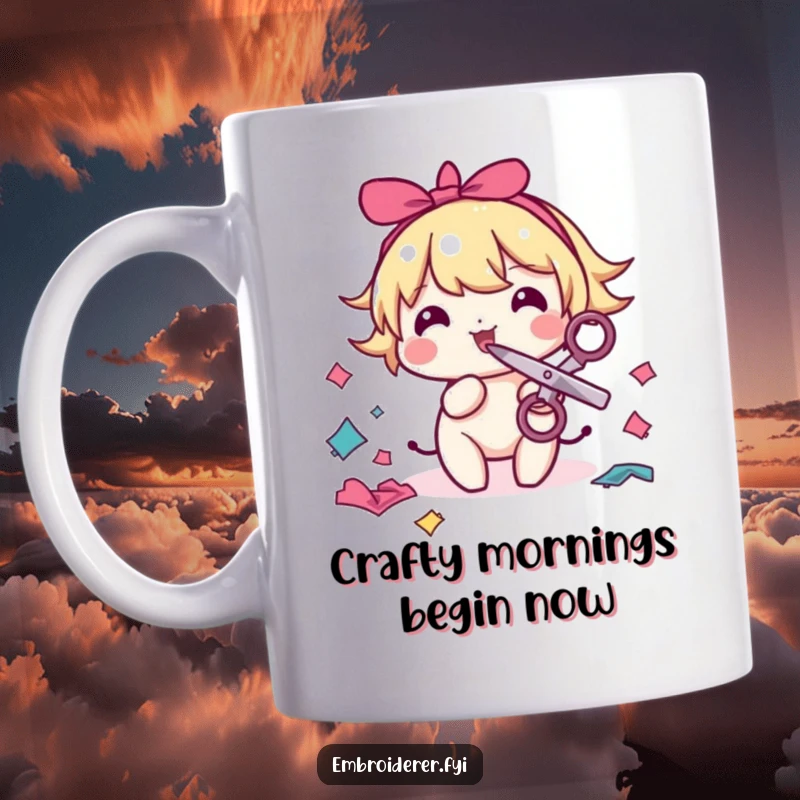 Funny sewing mug showing a playful character with scissors in mouth, enthusiastically snipping colorful fabric scraps, a crafter's delight.