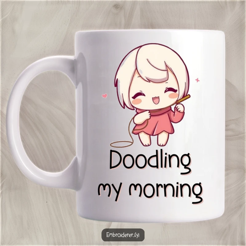 Funny mug featuring a playful character using needle and thread to draw a swirling, decorative line.