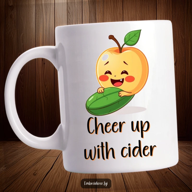 Funny mug showing a delighted apple trying to stitch a smile onto a very grumpy cucumber's face.
