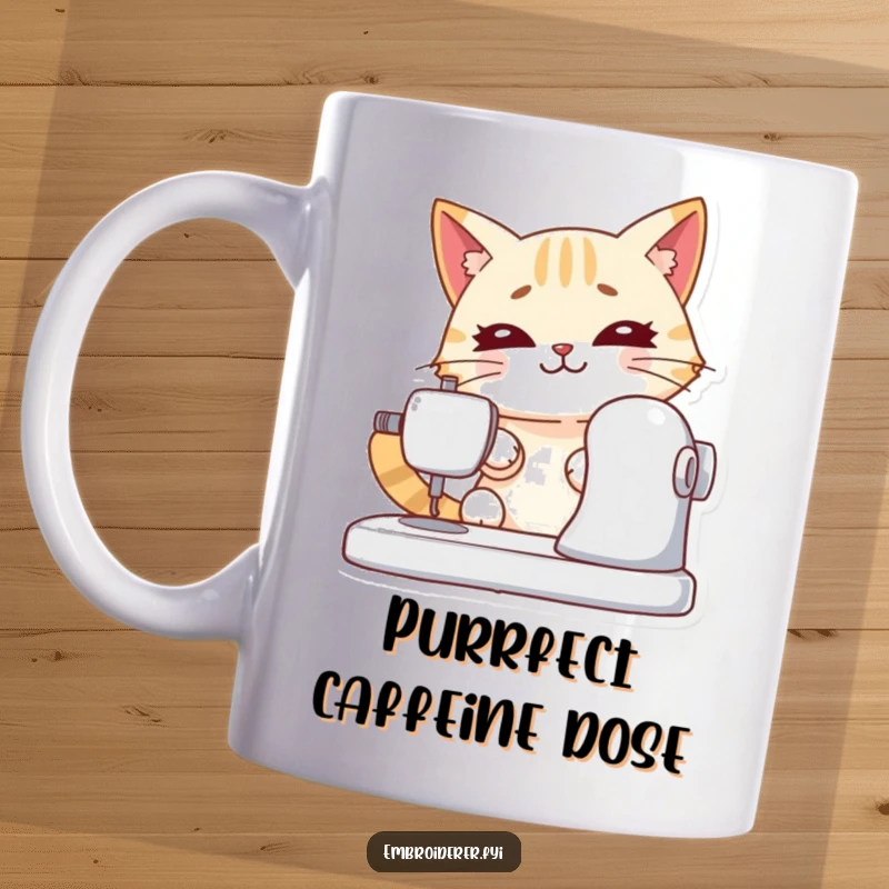 Funny mug showing a determined cat intently operating a sewing machine with a focused expression, radiating crafty intent.