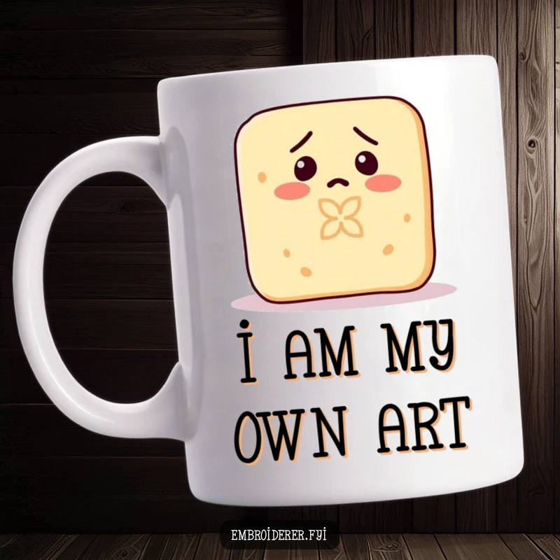 Funny mug showing a confused bar of soap accidentally carving a tiny intricate pattern into its own surface.