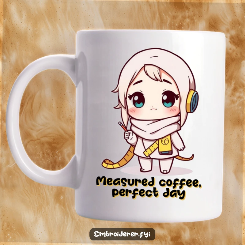 Funny crafter mug showing a character with a measuring tape scarf, looking amazed at their finished creation, a true artist's wonder.