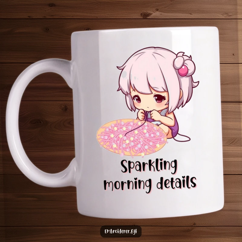 Funny mug featuring a focused crafter intently stitching tiny, sparkling beads onto a swirling pattern, artist gift.