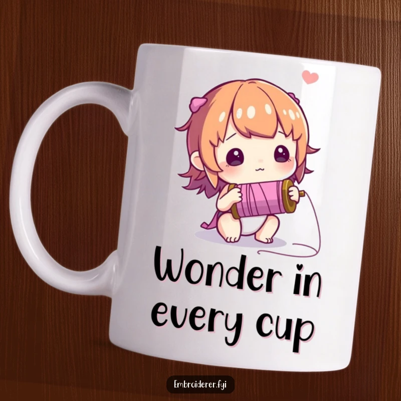 Funny mug featuring a curious character looking with wonder at a spool of thread, symbolizing artistic exploration.