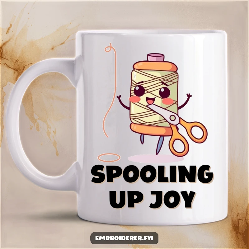 Funny anthropomorphic thread spool giggling while dancing joyfully with a pair of scissors, representing the fun of sewing, ideal for craft mug lovers.
