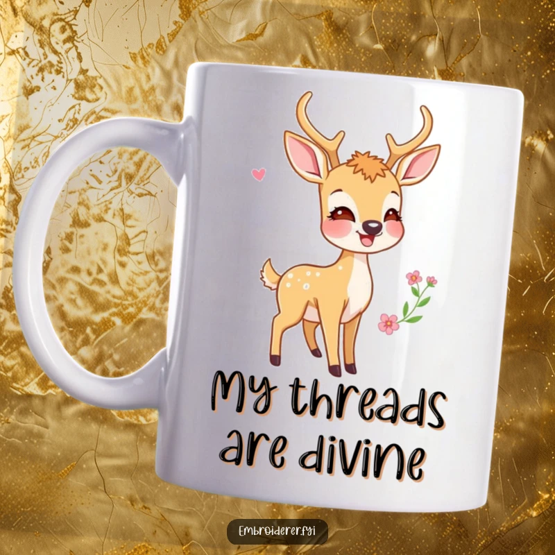 Funny mug featuring a joyful deer with wide eyes, proudly admiring a beautifully finished embroidery hoop with a smile.