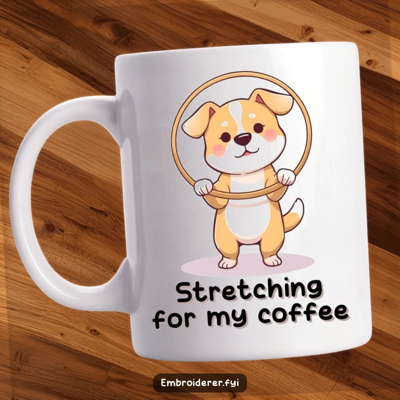 Funny Dog Hoop Mug, a focused dog stretching fabric in a hoop, cute and humorous gift for crafters.
