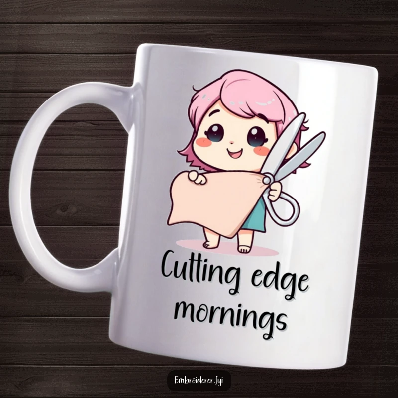 Funny mug showing a happy character wielding comically large scissors, poised to cut a fabric swatch with excitement.