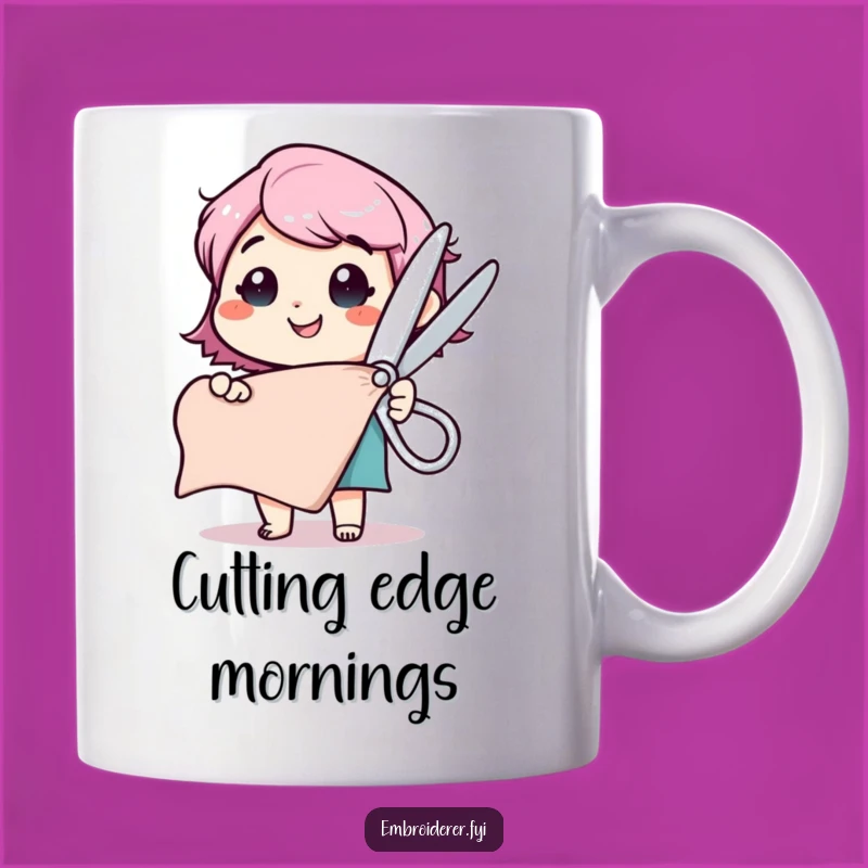 Funny Fabric Cutter Mug: Happy Character's Big Scissors Crafting Fun