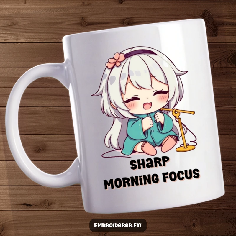 Funny Mug featuring a smiling character playfully winking while expertly threading a needle, a skilled and humorous crafter.