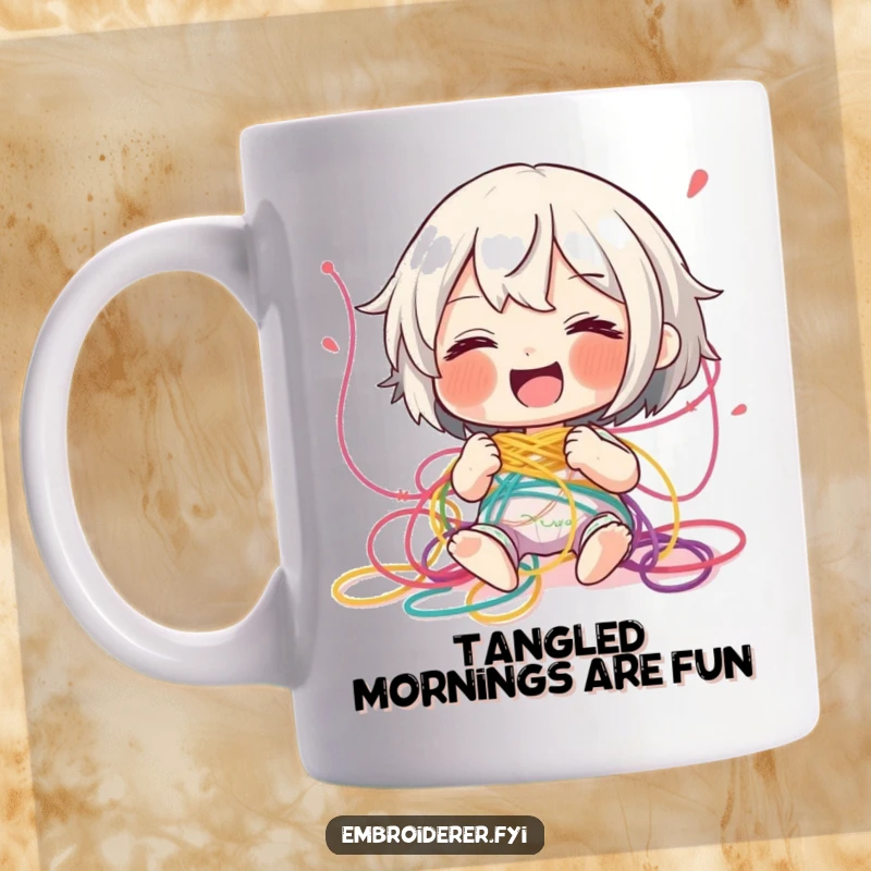Funny tangled thread mug, showing a character giggling uncontrollably while playfully entangled in a colorful mess of embroidery thread.