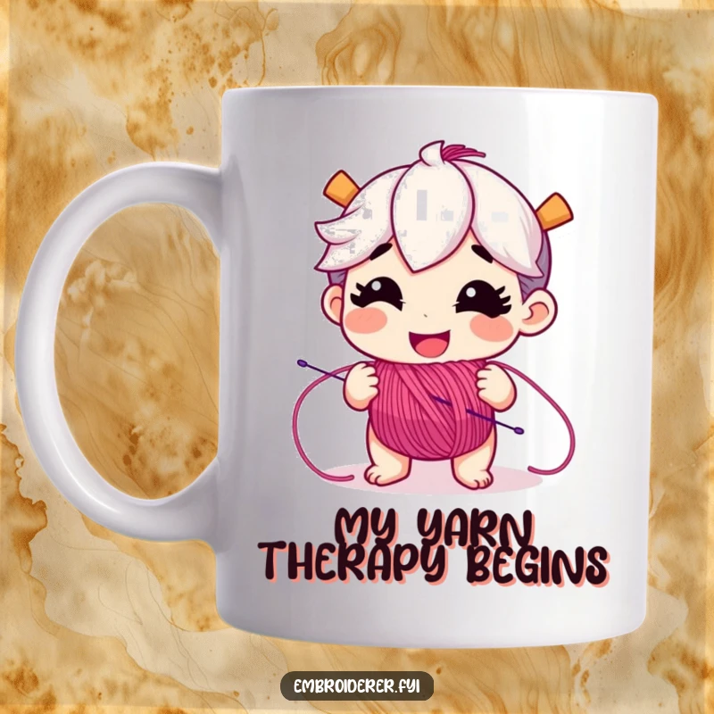 Funny mug with a playful character joyfully unspooling a rainbow of embroidery floss, embodying colorful crafting fun.