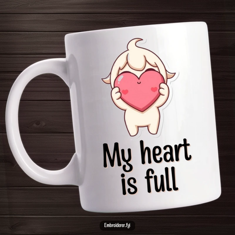 Funny Mug: A character beams, proudly presenting a tiny, perfectly stitched, smiling heart, embodying crafting joy and love.