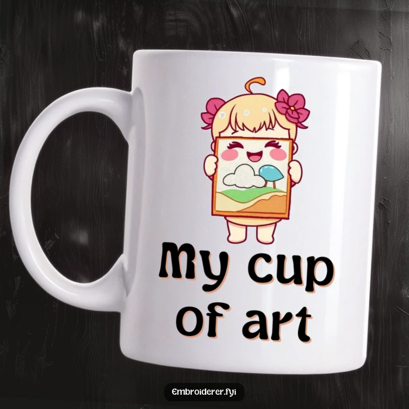 Funny mug featuring a joyful character proudly holding up a piece of beautiful embroidered art, celebrating creative success.