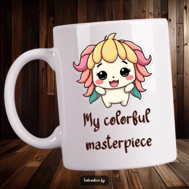 Funny mug featuring a proud character displaying a slightly lopsided but colorful creation, celebrating the joy of handmade crafts.