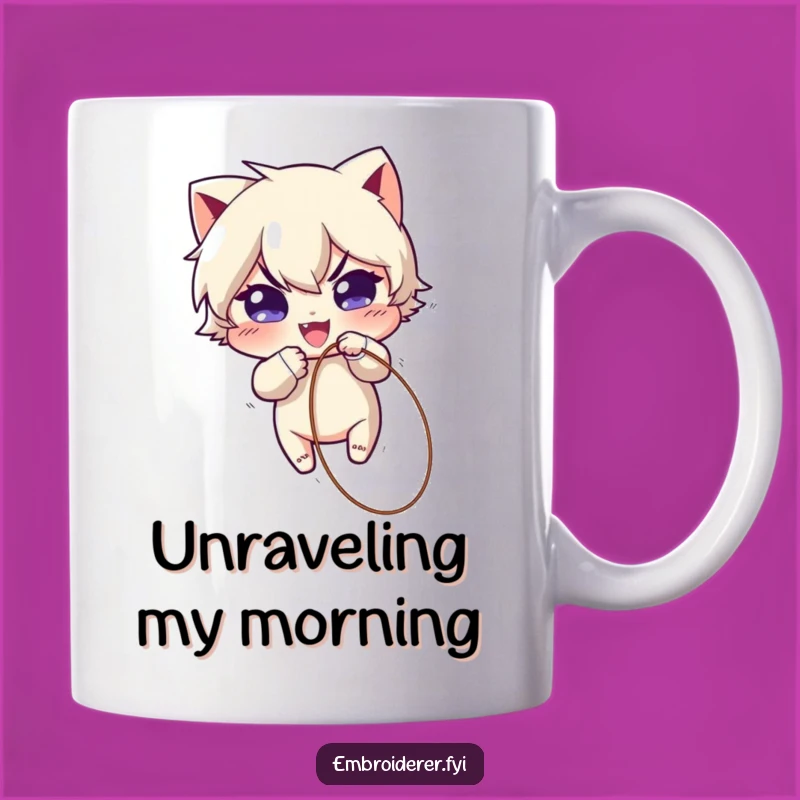 Funny Mischief Maker Mug: Playful Thread Pulling Character, Perfect Gift for Laughs