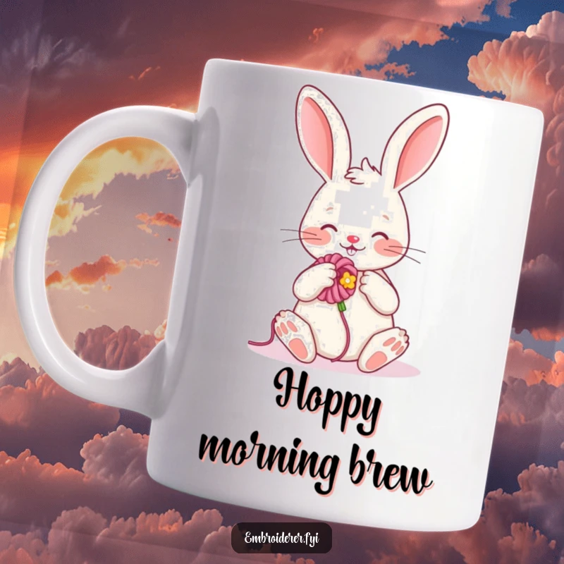 Funny mug showing a cheerful rabbit happily embroidering a colorful flower with bright yarn, radiating artistic joy.