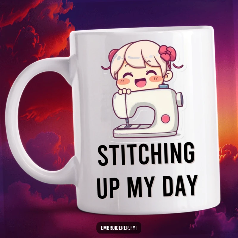 Funny Mug: Delighted character joyfully using a sewing machine with a big smile, celebrating the fun of crafting and creating.