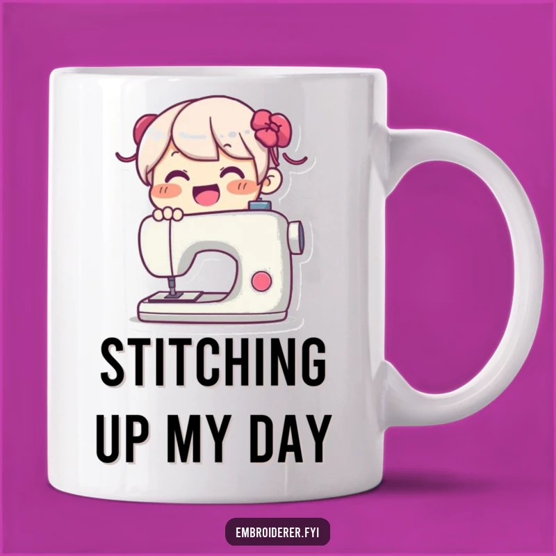 Funny Sewing Mug: Joyful Character at Machine, Perfect Funny Gift for Crafters