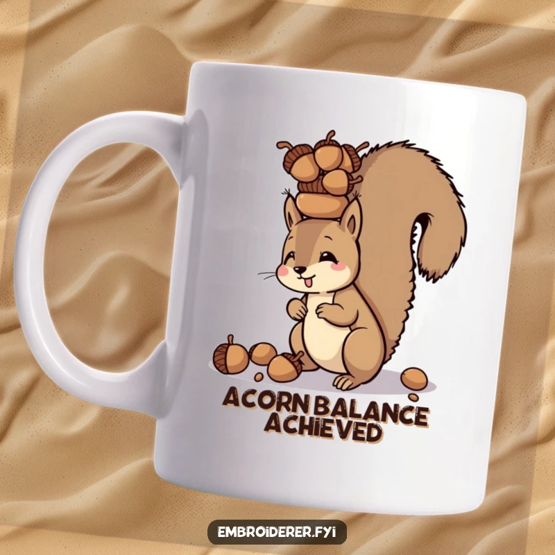 Funny mug depicting a determined squirrel balancing a tall stack of acorns on its head, showcasing focus.