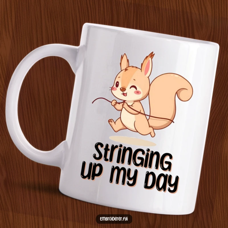 Funny Squirrel Mug, a playful squirrel running with a long strand of thread, cute and humorous gift for busy individuals.