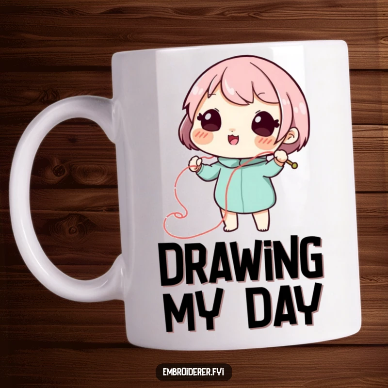 Funny stitch artist mug featuring a playful character drawing a swirling, decorative line with needle and thread, showing creative flair.