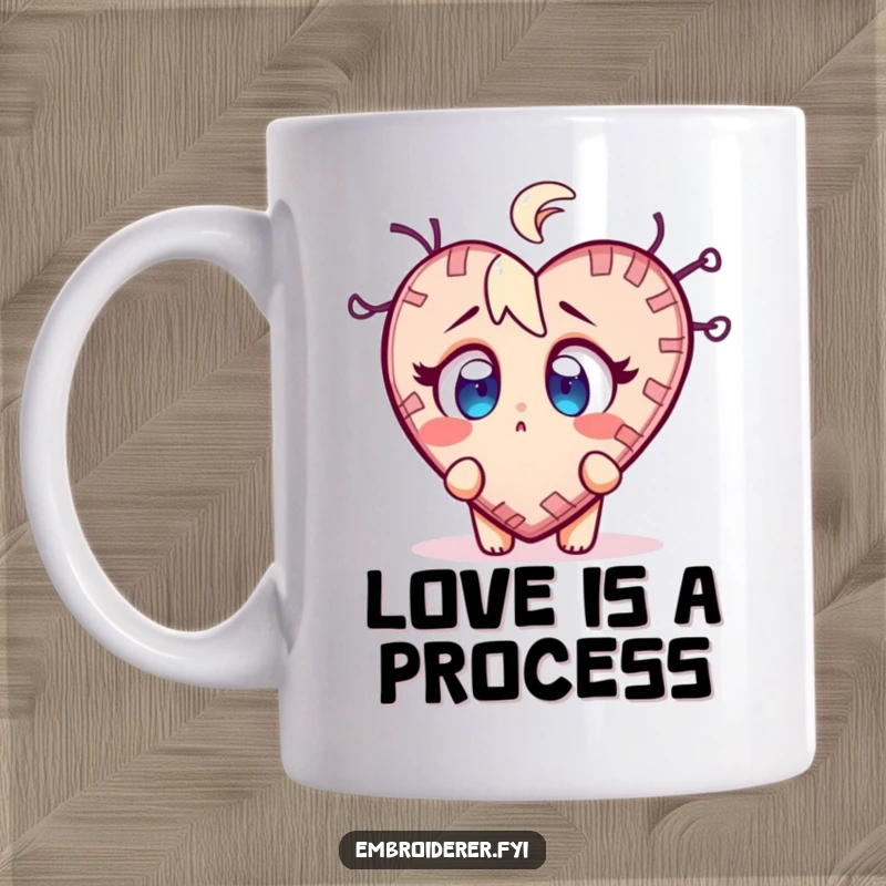 Funny stitch surprise mug featuring a character with wide eyes looking at a wobbly, half-finished stitched heart, showing creative shock.