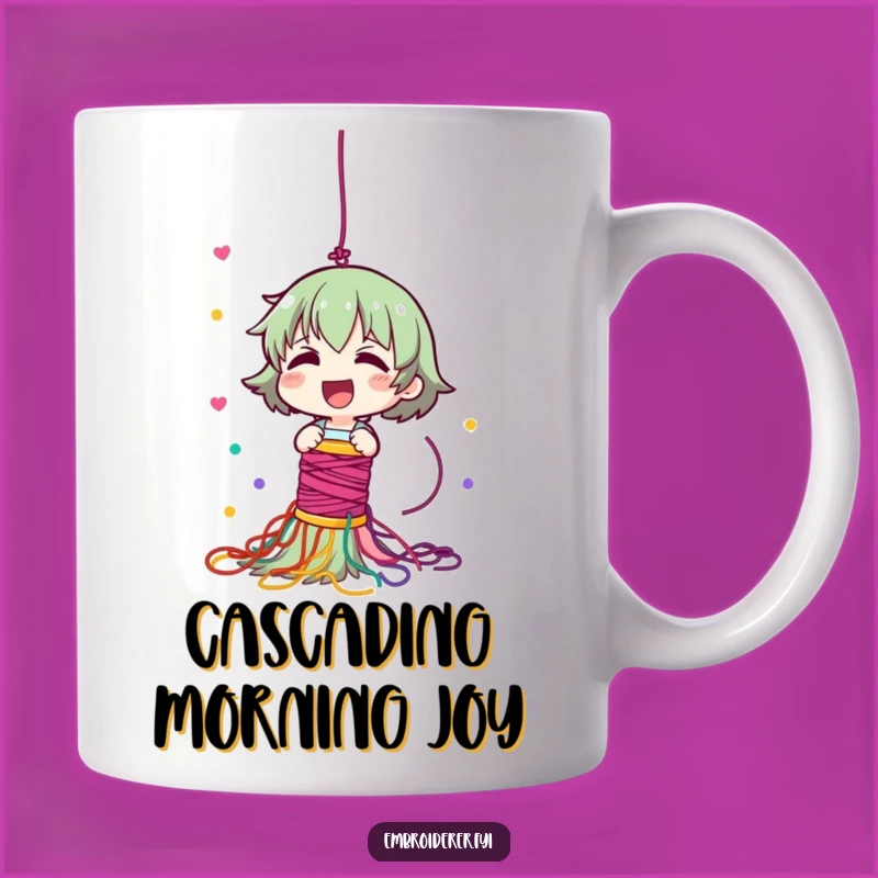 Funny Thread Cascade Mug: Giggling Character's Colorful Crafting Spill