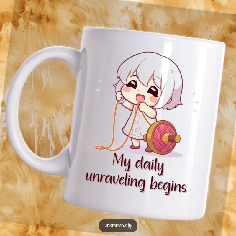 Funny Mug: A character gleefully pulling a long, colorful thread from a spool, symbolizing creative unraveling and crafting fun.