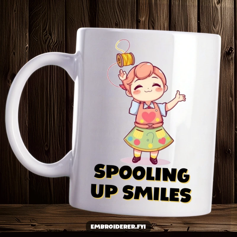 Funny character in a colorful apron playfully tossing a spool of thread in the air on a mug.