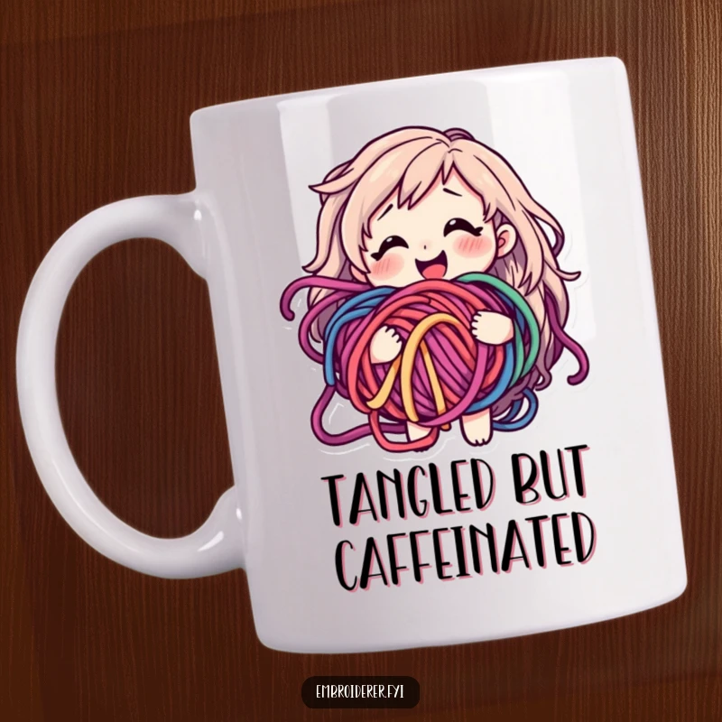Funny mug with a smiling character happily bewildered by a large, tangled ball of colorful yarn.