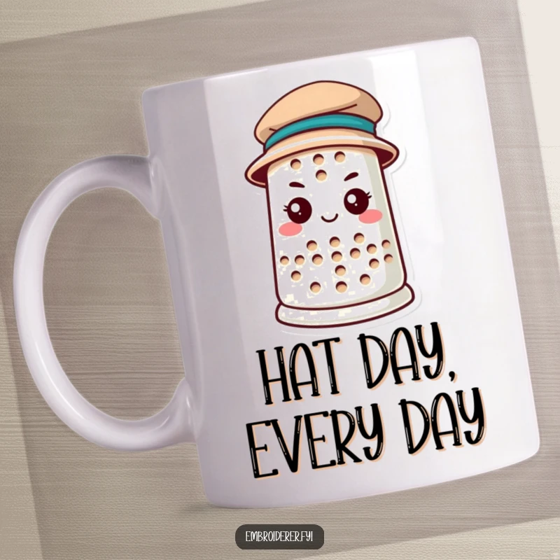 Funny anthropomorphic thimble determinedly wearing a tiny hat, symbolizing resilience and style, ideal for sewing mug enthusiasts.