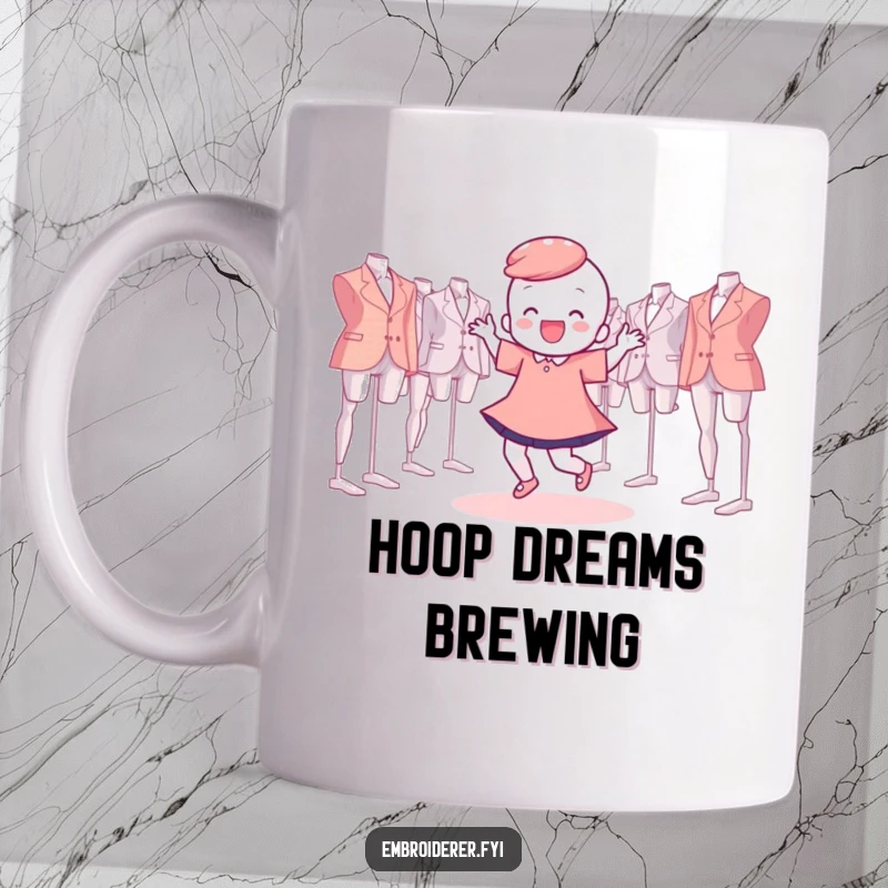 Funny Mug showing a character joyfully dancing amidst floating embroidery hoops, a celebration of crafting happiness.